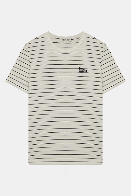 Relax Kalıp Beyaz Bisiklet Yaka Çizgili Erkek T-Shirt