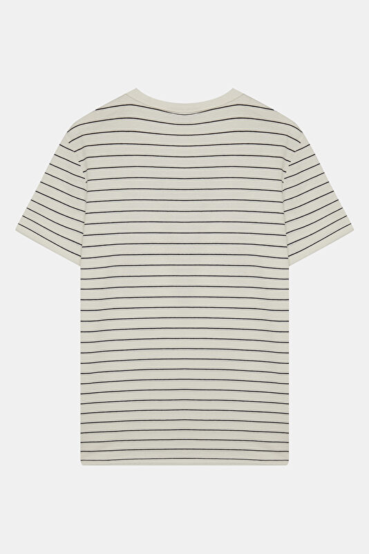 Relax Kalıp Beyaz Bisiklet Yaka Çizgili Erkek T-Shirt 2