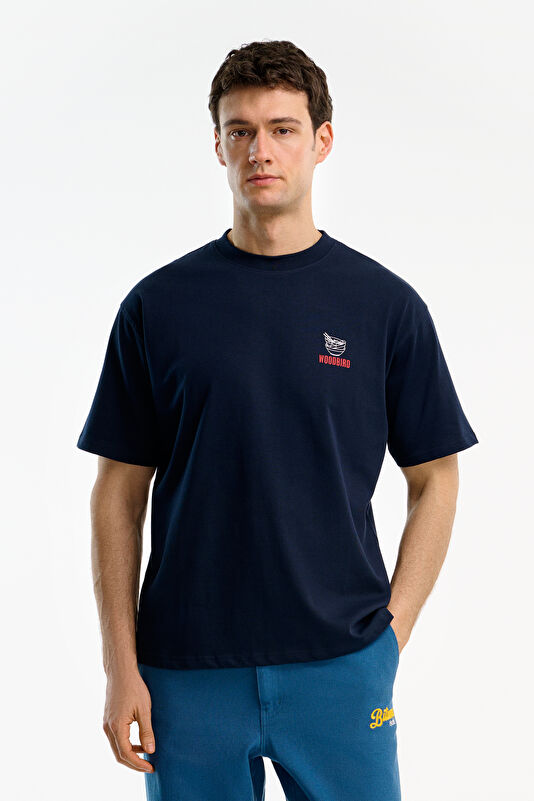 Relax Fit Navy Blue Crew Neck Printed Men's T-Shirt