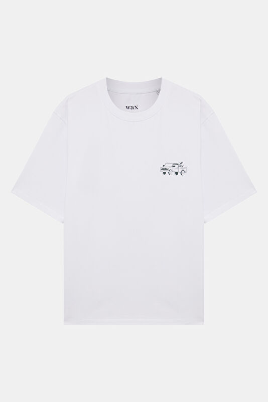 Relax Kalıp Beyaz Bisiklet Yaka Baskılı Erkek T-Shirt 4