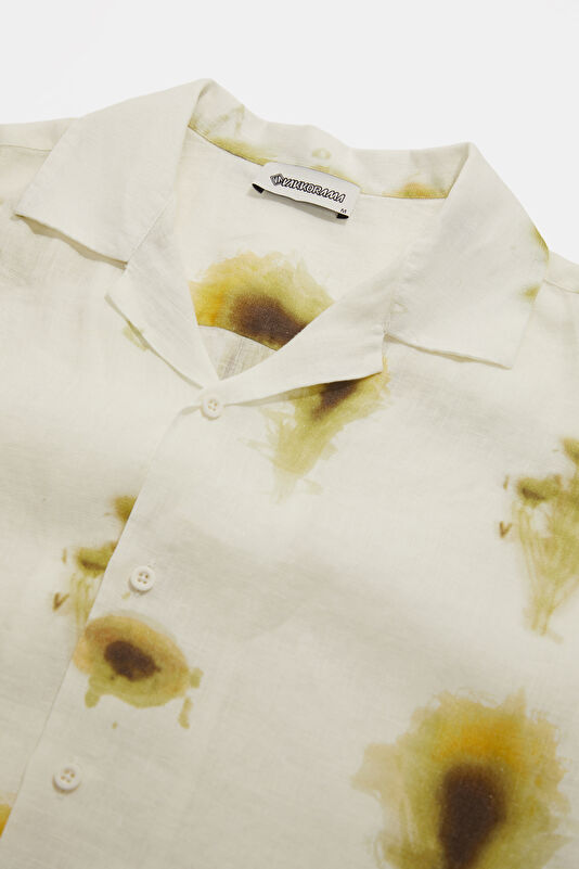 Ecru Patterned Resort Collar Linen Men's Shirt 3