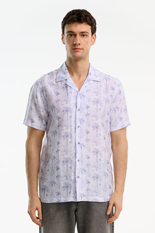 White Patterned Resort Collar Men's Shirt