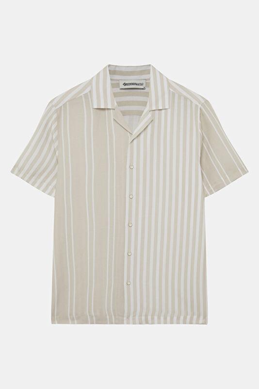 Beige Striped Patterned Resort Collar Men's Shirt