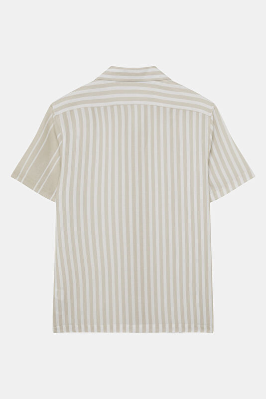 Beige Striped Patterned Resort Collar Men's Shirt 2
