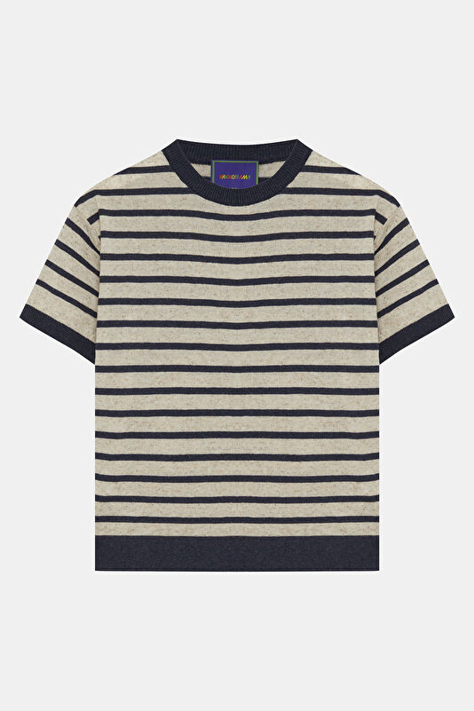 Natural Crew Neck Striped Patterned Kids' T-Shirt