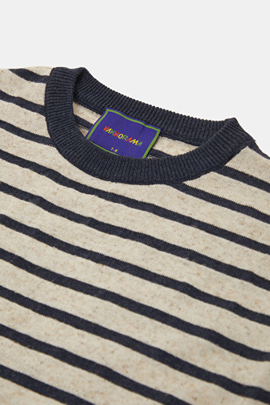 Natural Crew Neck Striped Patterned Kids' T-Shirt 3