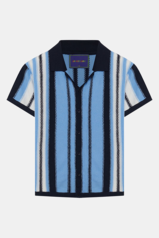 Blue Polo Neck Striped Patterned Kids' T-Shirt