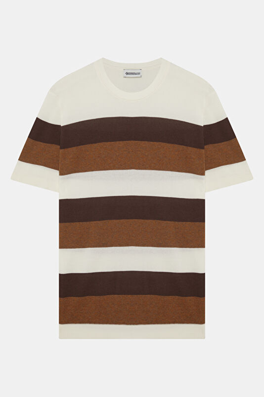 Brown Crew Neck Striped Patterned Men's T-Shirt
