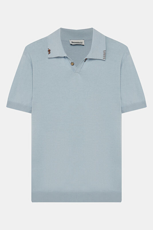 Blue Polo Collar Embroidered Men's T-Shirt