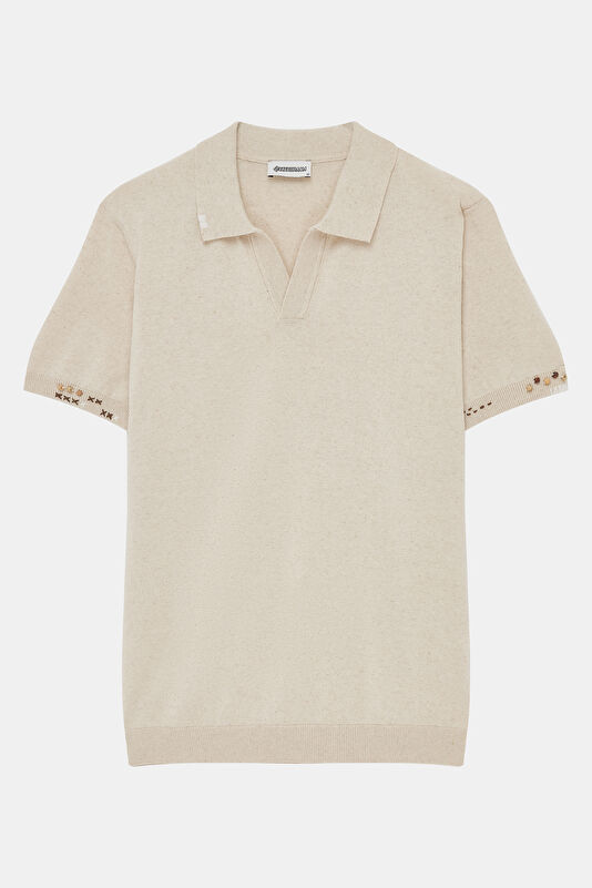 Men's T-Shirt with Natural Polo Collar and Embroidery