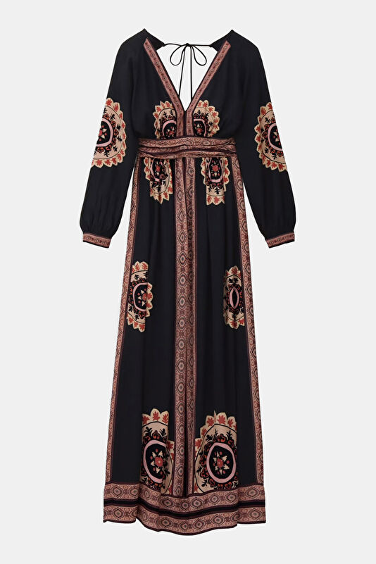 Black Patterned Midi Women's Dress