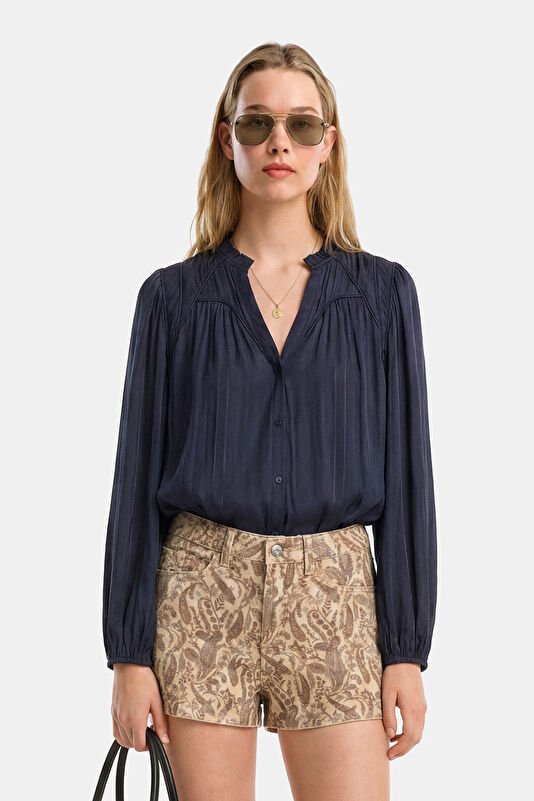 Navy Long-Sleeved Women's Blouse