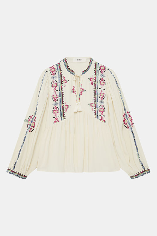 Ecru Ethnic Patterned Long-Sleeve Women's Blouse