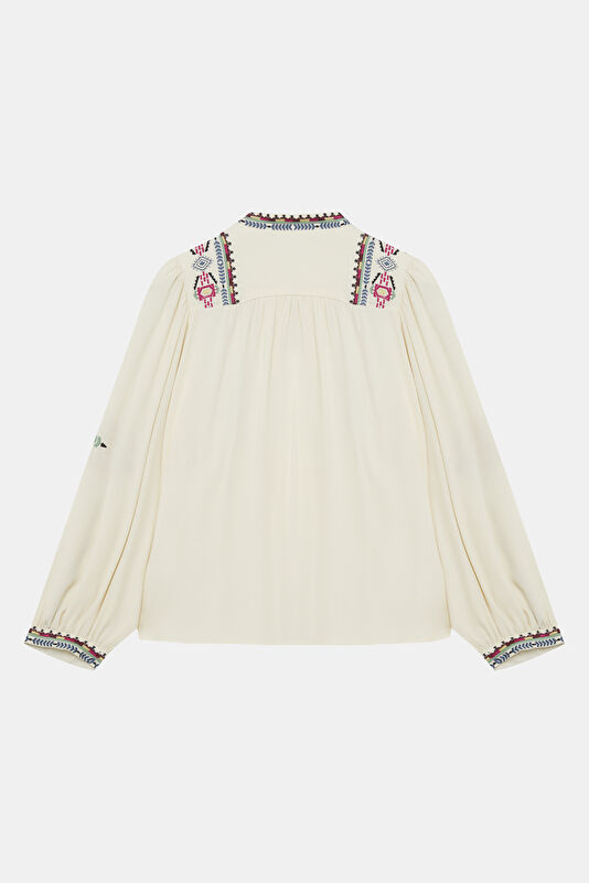 Ecru Ethnic Patterned Long-Sleeve Women's Blouse 2