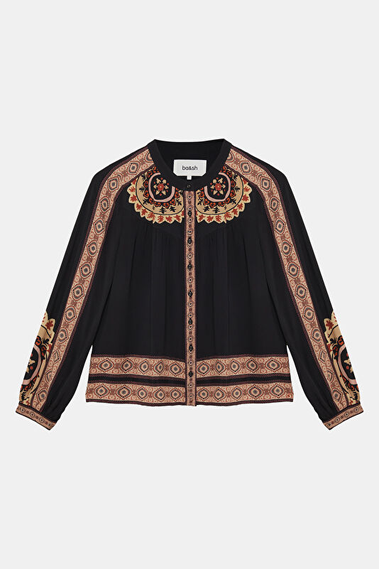 Black Patterned Long-Sleeved Women's Blouse