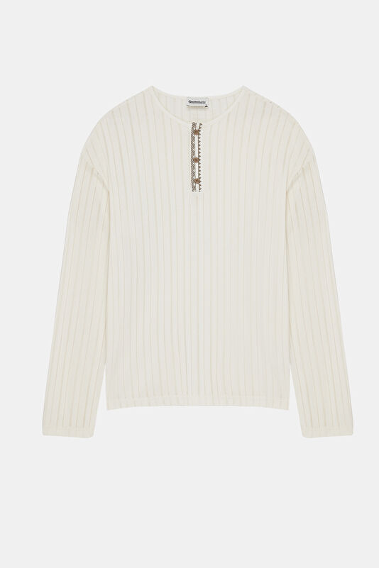 Men's T-Shirt with Ecru Crew Neck and Striped Pattern