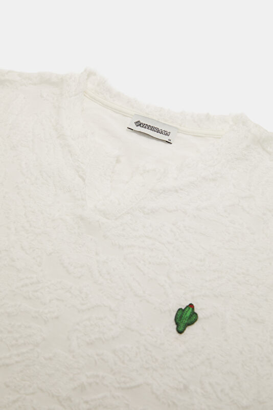 Ecru V-Neck Patterned Men's T-Shirt 3