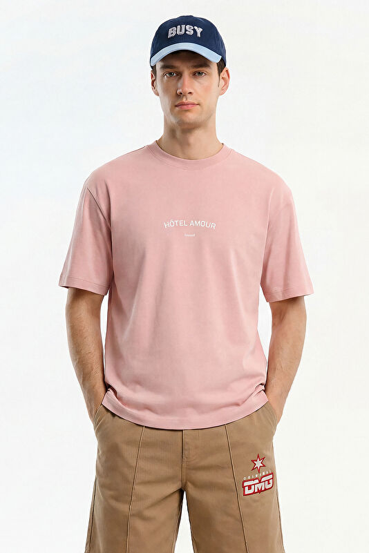 X Hotel Amour Relax Fit Pink Crew Neck Printed Men's T-Shirt
