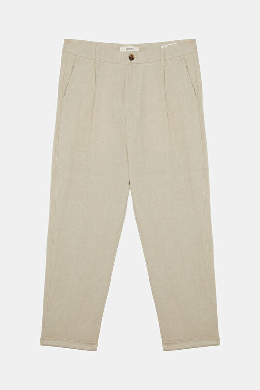 Relax Fit Cream Wide Leg Linen Cotton Men's Trousers 4