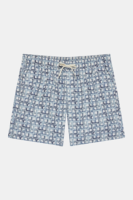 Blue Patterned Elastic Waist Men's Swimsuit