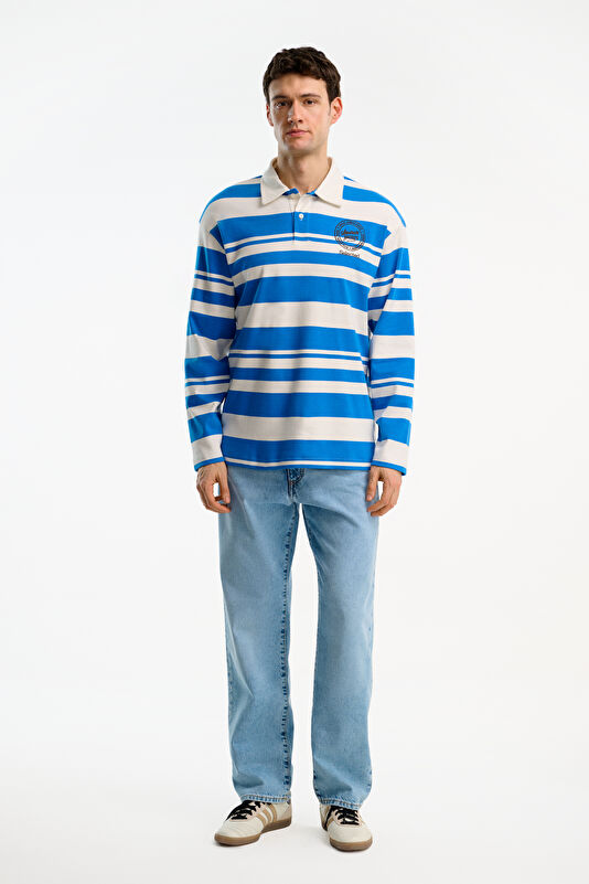 X Hotel Amour Mavi Relax Kalıp Polo Yaka Erkek Sweatshirt 3