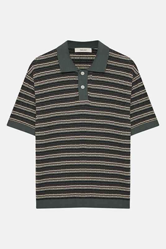 Relax Kalıp Yeşil Polo Yaka Çizgili Erkek T-Shirt