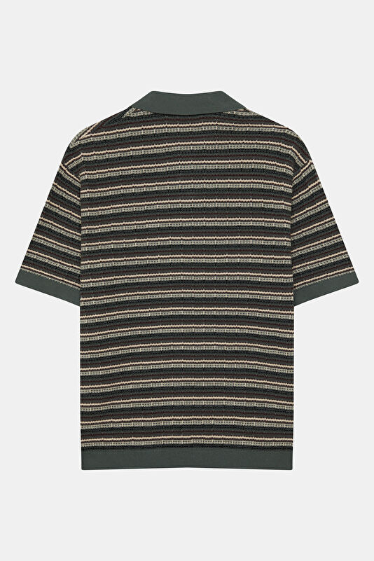 Relax Kalıp Yeşil Polo Yaka Çizgili Erkek T-Shirt 2
