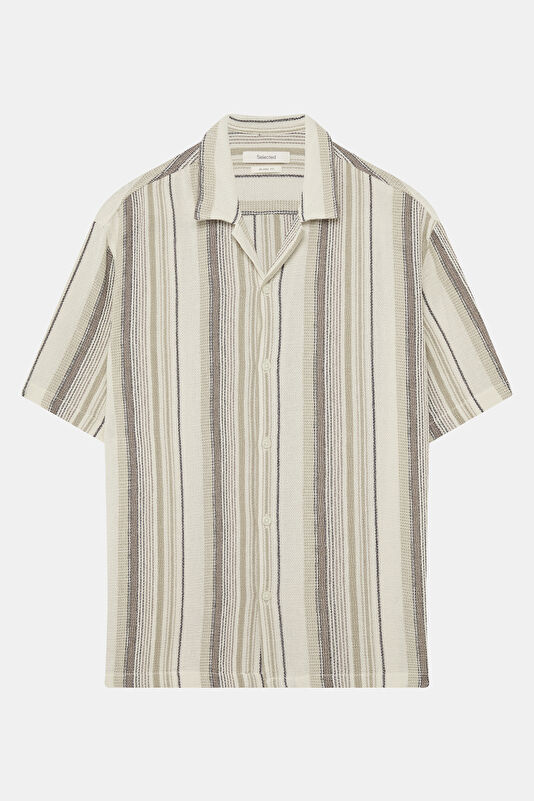 Relax Fit Ecru Striped Resort Neck Men's Shirt