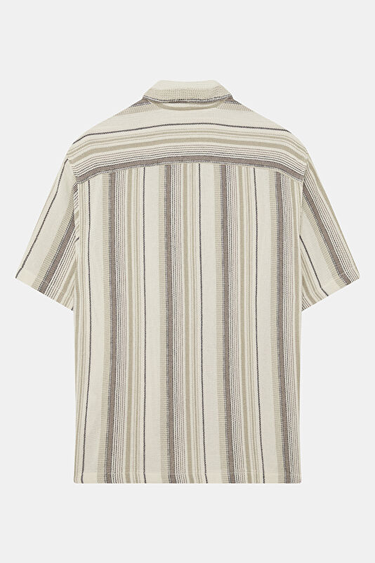 Relax Fit Ecru Striped Resort Neck Men's Shirt 2