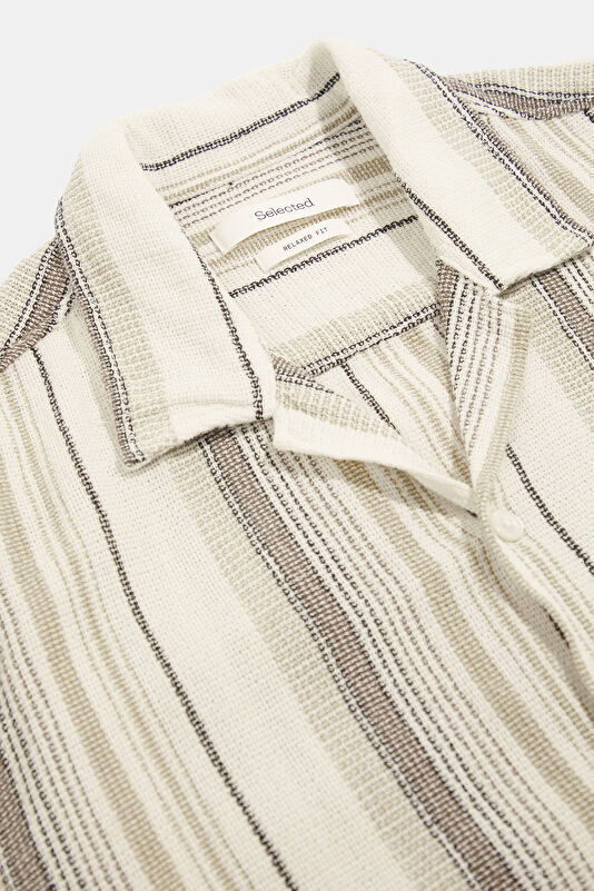 Relax Fit Ecru Striped Resort Neck Men's Shirt 3
