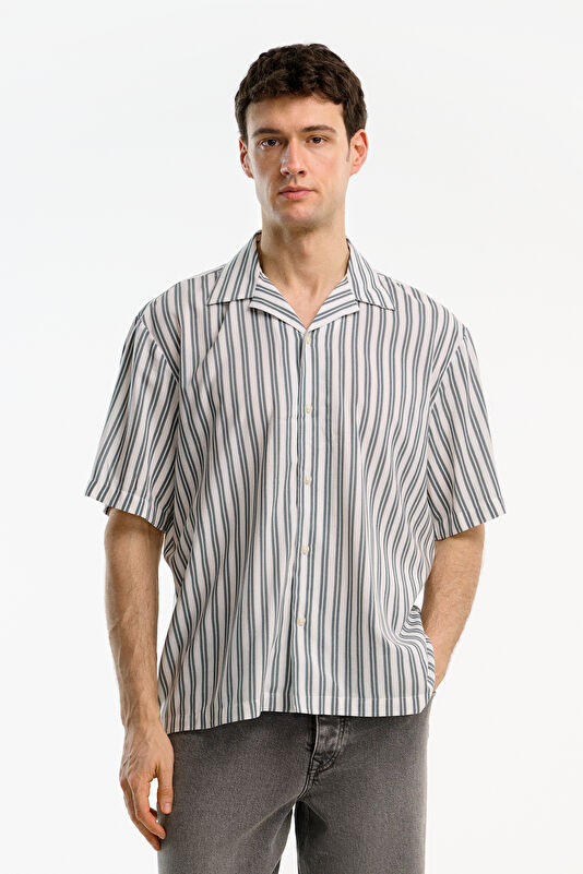 Relax Fit Light Green Striped Resort Collar Men's Shirt