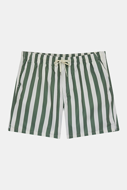 Green Striped Elastic Waist Men's Swimsuit