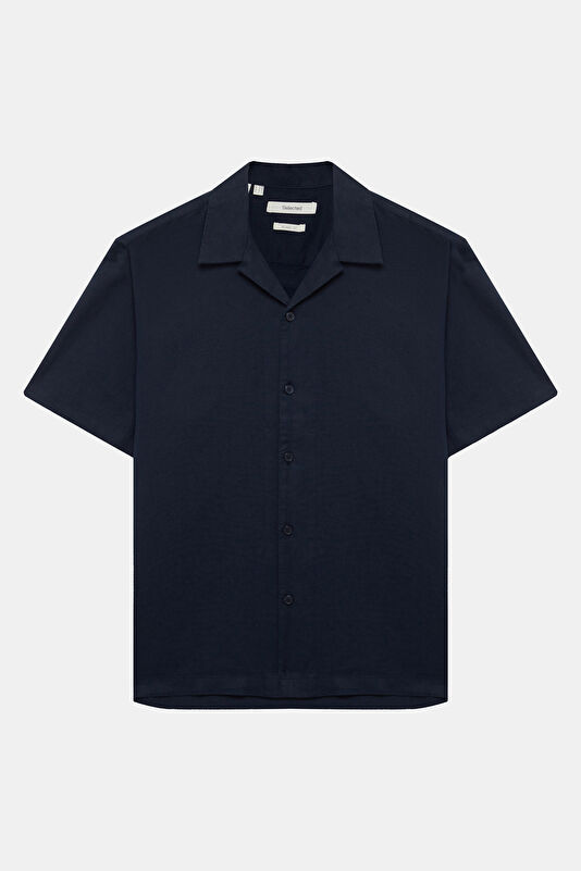 Navy Blue Resort Collar Linen Cotton Men's Shirt