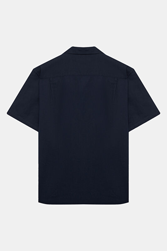 Navy Blue Resort Collar Linen Cotton Men's Shirt 2