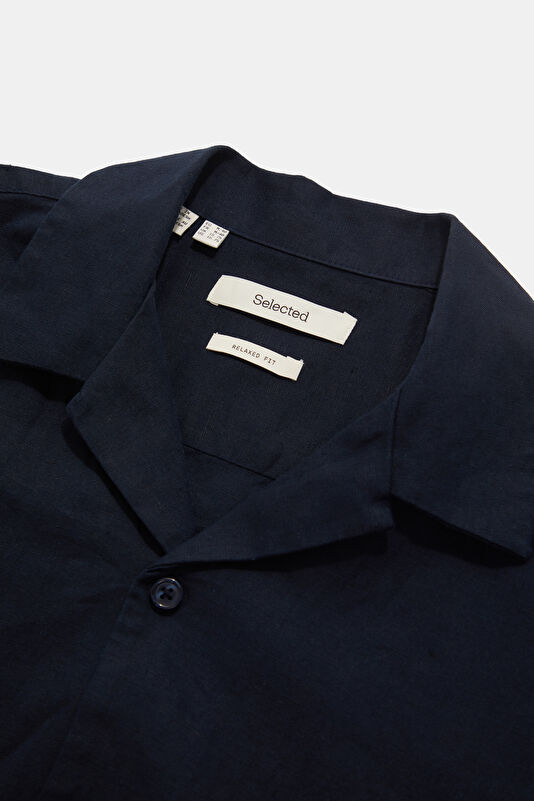 Navy Blue Resort Collar Linen Cotton Men's Shirt 3