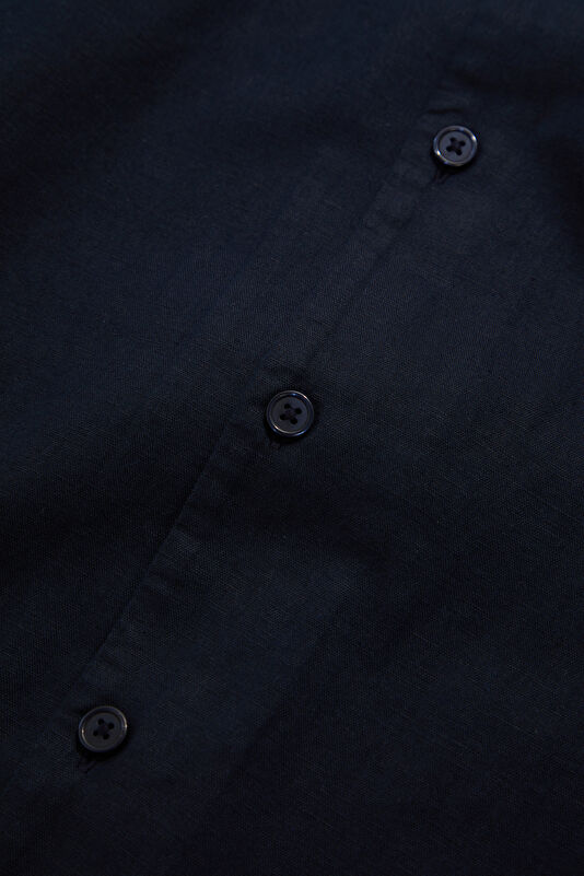 Navy Blue Resort Collar Linen Cotton Men's Shirt 4