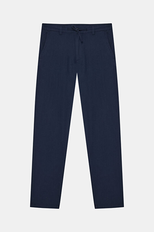 Slim Fit Navy Blue Slim Fit Cotton/Linen Men's Trousers