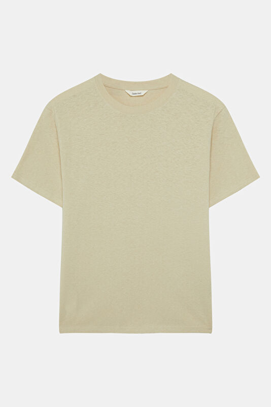 Beige Crew Neck Linen Cotton Men's T-Shirt
