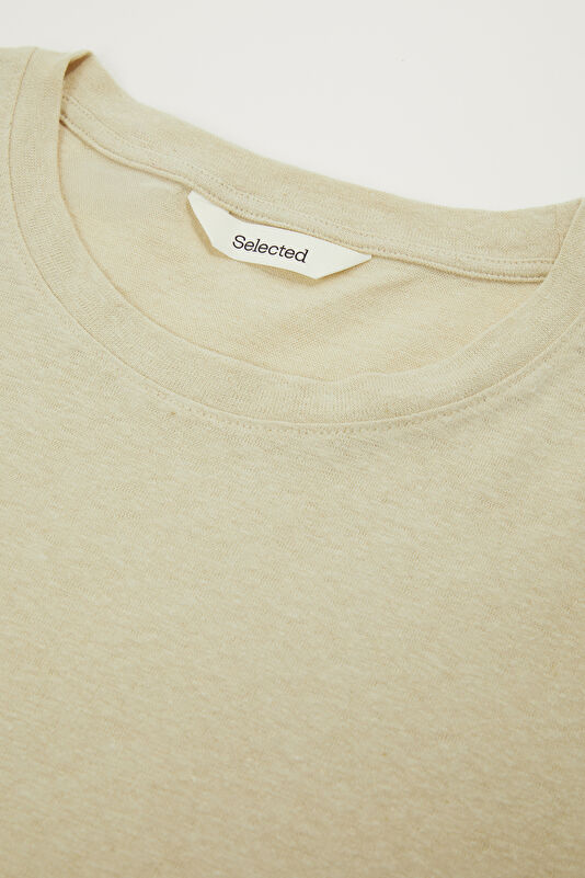 Beige Crew Neck Linen Cotton Men's T-Shirt 3