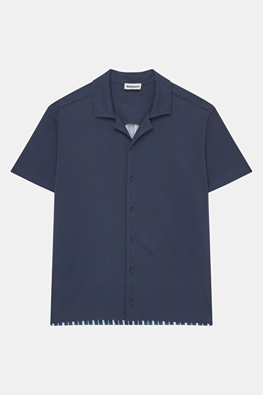 Navy Blue Resort Collar Men's Shirt with Trim Details