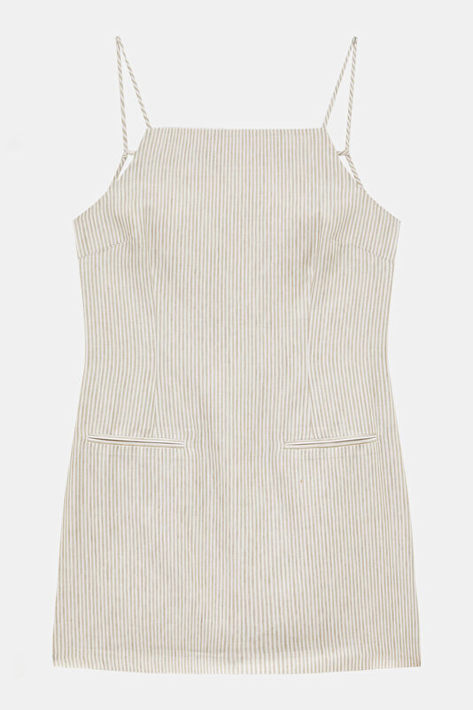 Beige Striped Short Linen Women's Dress 3