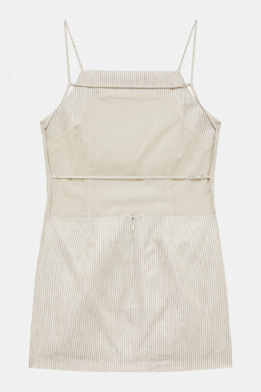 Beige Striped Short Linen Women's Dress 4