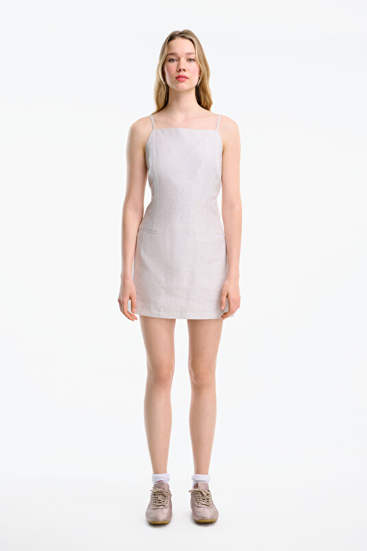 Beige Striped Short Linen Women's Dress