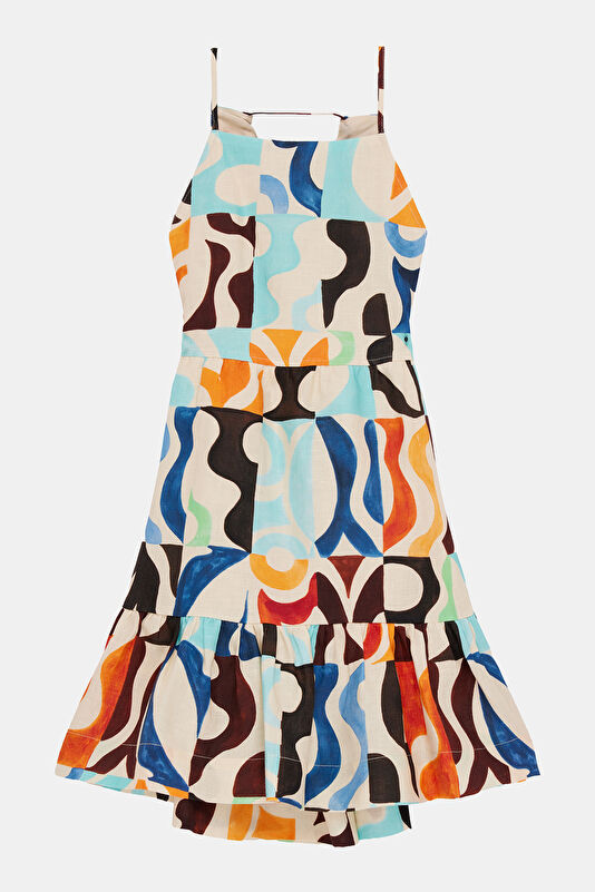 Multicolored Patterned Short Cotton/Linen Kids' Dress