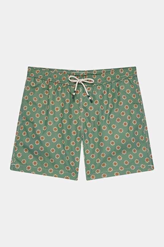 Green Patterned Elastic Waist Men's Swimsuit