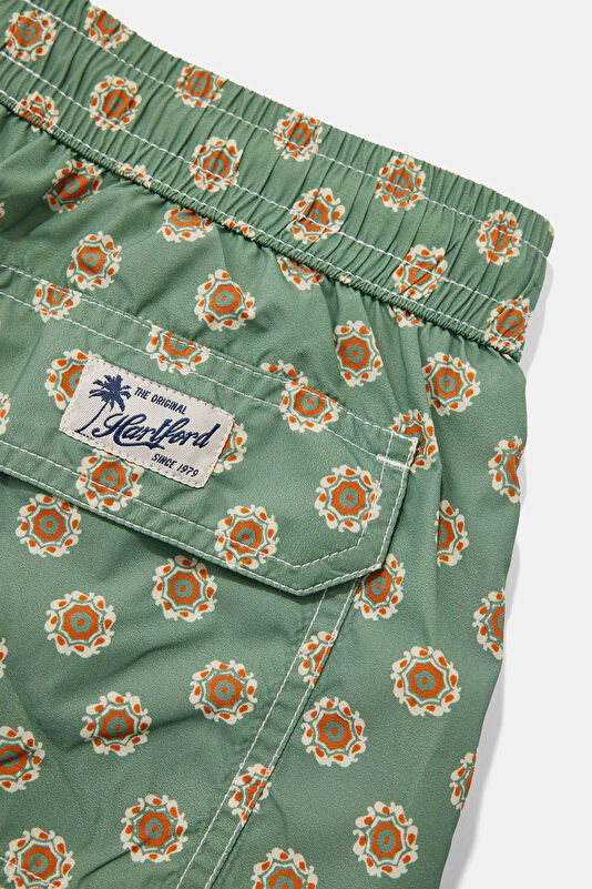 Green Patterned Elastic Waist Men's Swimsuit 4
