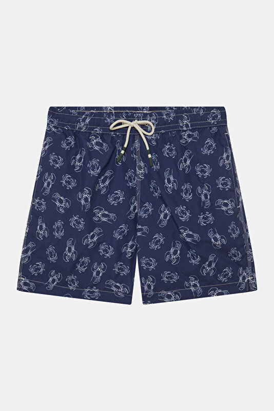 Navy Patterned Elastic Waist Men's Swimsuit