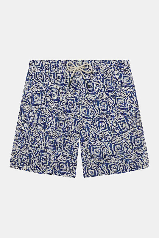 Navy Patterned Elastic Waist Men's Swimsuit