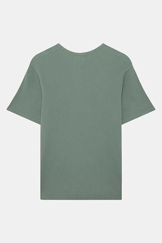 Relax Kalıp Haki Bisiklet Yaka Örgü Desenli T-Shirt 2
