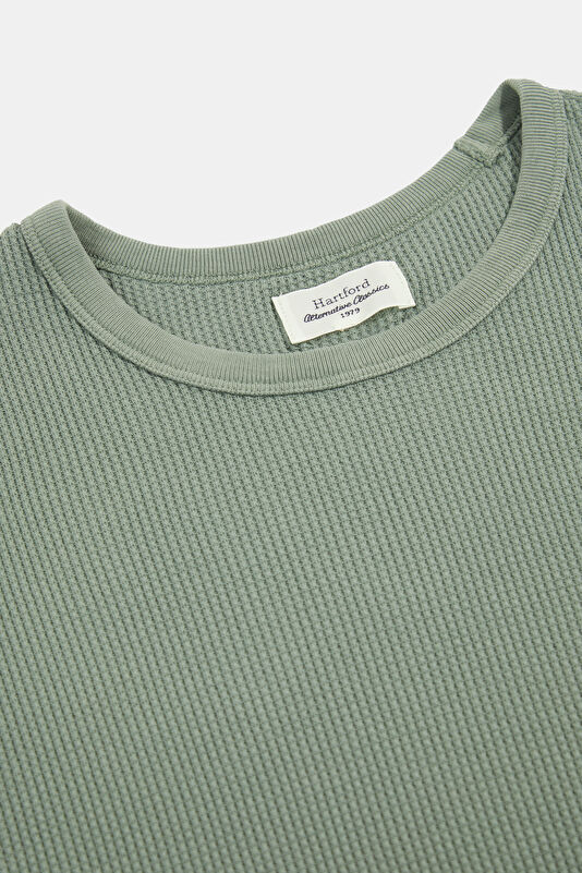 Relax Kalıp Haki Bisiklet Yaka Örgü Desenli T-Shirt 3
